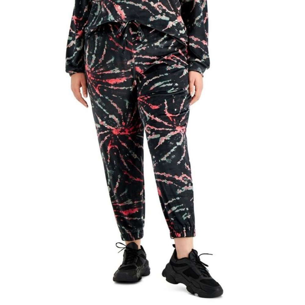 Love, Fire Trendy Plus Size Velour Jogger Pants Black Tie Dye 2X